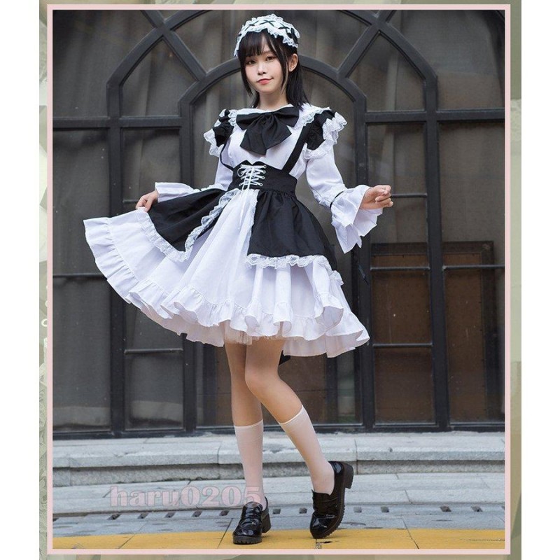 ダークブラウン 茶色 メイド服、リボンタイ付き、2Ｌ、黒ストライプ