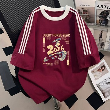 馬年過年衣服 短袖上衣 三條杠短袖 純棉短袖 t恤 寬鬆上衣 oversize 重磅t恤 設計感上衣 撞色拼接 紅色衣服