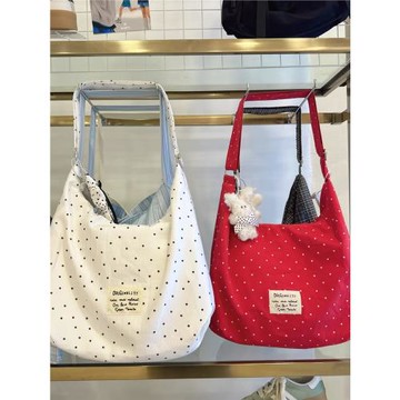 韓系小眾波點紅色帆布包包女2025新款大容量托特包通勤單肩斜挎包