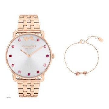 COACH 官方授權 時尚玫瑰金框玫瑰帶腕錶 玫瑰金蝴蝶結手鍊套組-女錶(CO14000127)36mm