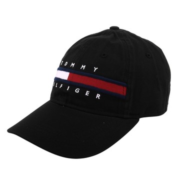 TOMMY HILFIGER-經典紅白槓字母LOGO 棒球帽(素面黑)