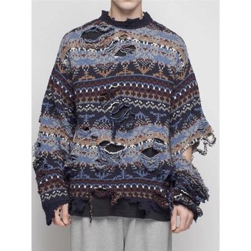 瘋狂小楊哥同款破洞做舊針織圓領潮牌復古毛衣慵懶風套頭男女同款