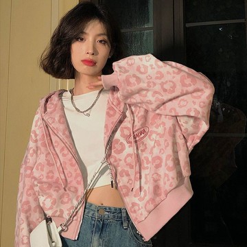 外套女 秋冬外套 保暖外套 女生外套2023粉色豹紋短款開衫外套女春秋新款寬鬆港風復古連帽衛衣潮927
