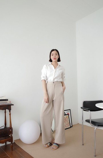 米杏色 無須熨燙 聚酯纖維彈性纖維混紡 寬褲 腰部鬆緊 高腰設計
