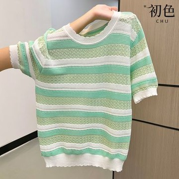 初色 韓系冰絲撞色鏤空條紋寬鬆針織圓領波浪邊短袖上衣女上衣-共2色-50060(F可選)