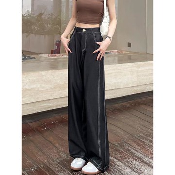 萊賽爾天絲牛仔褲女夏季薄款松緊高腰顯瘦寬松直筒拖地冰絲闊腿褲