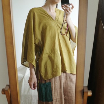 泰國純棉側邊綁帶寬袖上衣 土黃色