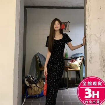 【梨卡】隔日到貨 女裝 洋裝 連身裙 黑碎花洋裝 性感包臀長裙 方領短袖洋裝 氣質洋裝 收腰裙子GA206【現貨24H】