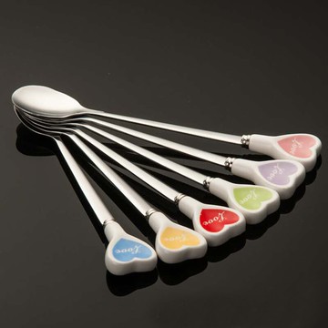 韓式陶瓷柄心形不銹鋼小勺子 咖啡勺甜品勺兒童勺子 攪拌勺