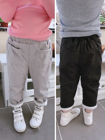 冬季新款 中小童保暖舒適加絨加厚休閑褲 女童寬松純色長褲1入