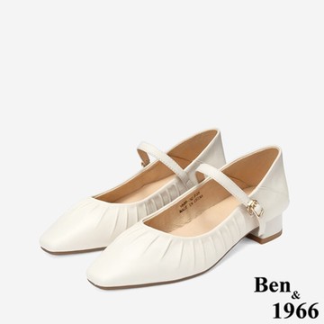 Ben&1966高級羊皮柔軟抓皺瑪莉珍跟鞋-米白(248162)