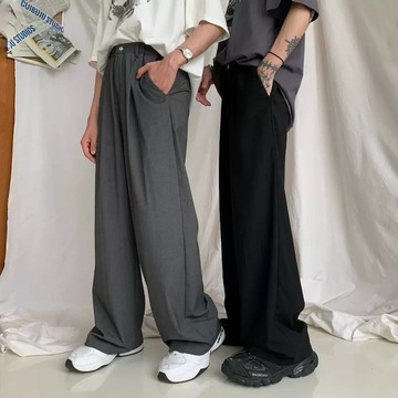 [HYC] 垂墜慵懶風 落地西裝褲 闊腿褲 日系頹廢 西褲 皺褶 線條 情侶 西裝褲 日系長褲 褲子 拖地褲 【W32】