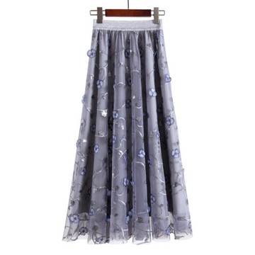網紗半身高腰長裙亮片刺繡裙仙女重工繡花裙夏季新品立體花半身裙