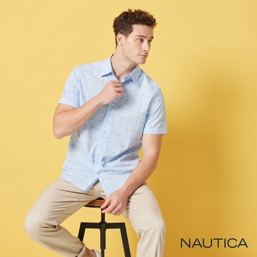 Nautica男裝 夏日小花刺繡透氣短袖襯衫-藍色