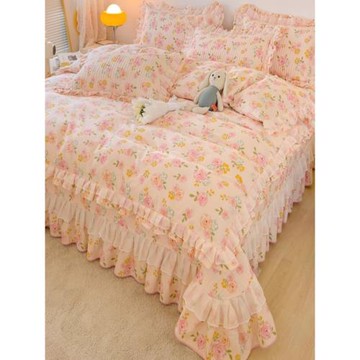 法式浪漫100全棉床蓋款三四件套少女心純棉夾棉被套加厚絎縫床單