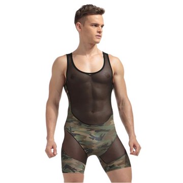 男士連體衣背心超薄網紗冰絲內衣透明性感連體內褲健身摔跤連體衣