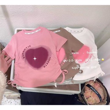 童裝印花愛心修身短袖T恤2024女童夏裝系帶抽繩上衣ins超火半袖潮