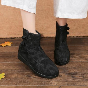 禪意靴配旗袍加絨中跟短靴女老北京布鞋古風漢服復古繡花跟禪鞋布