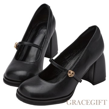 【Grace Gift】潘潘聯名-迷你蝴蝶餅高跟瑪莉珍鞋 黑