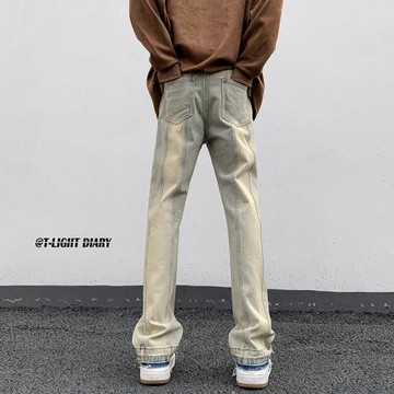 黃泥色毛邊牛仔褲男款春秋美式高街vibe風小腳褲子潮牌痞帥微喇褲