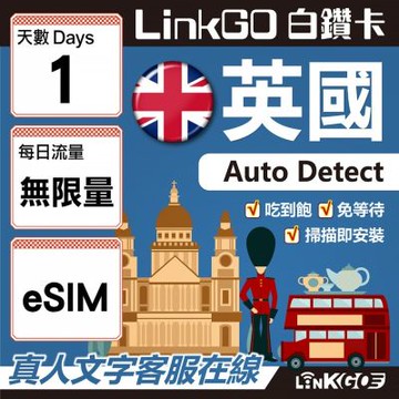 【LINKGO】白鑽卡 英國 eSIM卡 1天上網卡 無限流量吃到飽 高速流量(英國網卡 倫敦 愛丁堡 布里斯托)