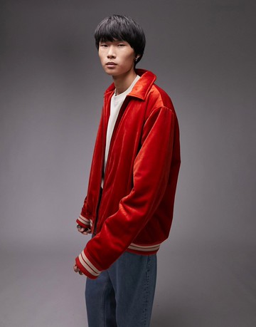 Topman velvet varsity bomber in burgundy-Red