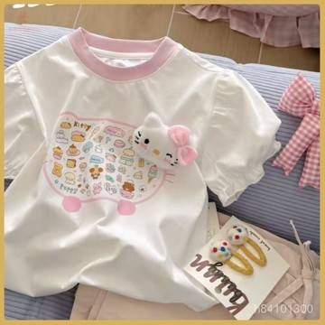 爆款熱推💖全臺免運 韓係女童夏季純棉立體kt貓印花洋氣圓領T恤新款女寶寶甜美上衣 MDQW