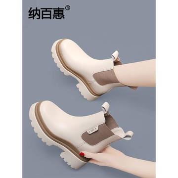 白色切爾西短靴女真皮2025年新款秋冬季加絨英倫風厚底煙筒馬丁靴