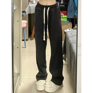 深灰色運動闊腿褲女春秋2026新款直筒垂感休閑高腰抽繩美式衛褲子