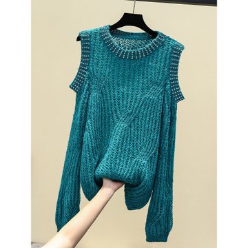 美式復古重工鑲鉆露肩毛衣女秋冬寬松顯瘦歐貨高端時尚洋氣針織衫