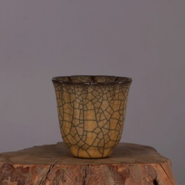 宋 哥窯黃釉金絲鐵線瓜棱葵口杯子 仿古瓷器鐵胎舊貨古玩裝飾日用