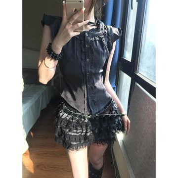 亞文化復古襯衫女夏季木耳邊拼接灰色襯衣辣妹修身顯瘦飛飛袖上衣