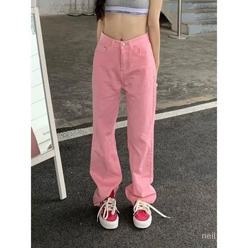 P3-【限時特賣】牛仔褲女 牛仔長褲 高腰牛仔褲 牛仔寬褲 高腰褲 長褲女 粉色直筒牛仔褲女2024年夏季寬鬆闊腿褲高腰