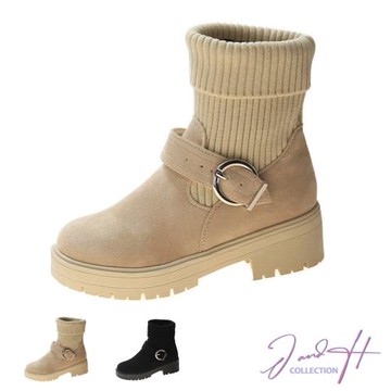 【J&H collection】法式時裝系列舒適絨面針織襪靴(現+預  黑色／米色)