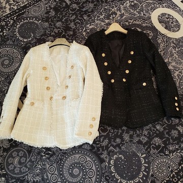 毛呢外套短版大衣-粗花呢毛邊格紋小香風女外套2色73zg45【獨家進口】【米蘭精品】