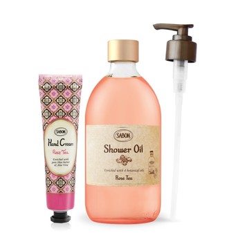 SABON 玫瑰茶語沐浴油(500ml)-贈壓頭+護手霜(30ml)-國際航空版