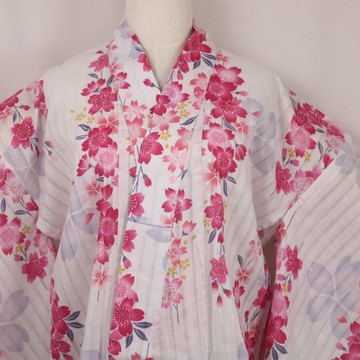 古董女款白色浴衣 | 桜花紋樣 | 夏日和服浴袍