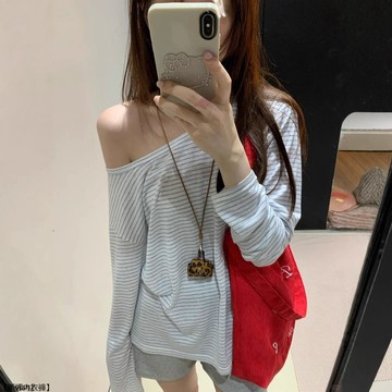 小個子絕美韓系設計感藍條紋斜肩長袖T恤女露肩小衫上衣