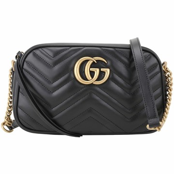 GUCCI 古馳 GG Marmont 大款 山形絎縫皮革鍊帶包(皮革內袋/黑色)