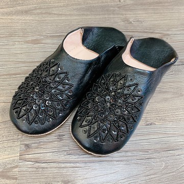 摩洛哥 babouche 室內拖鞋 珠串刺繡 黑