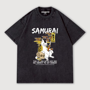 浪人貓大人  浮世繪日式虎背貓咪 男女款做舊水洗純棉落肩短T 台灣獨家日式短T