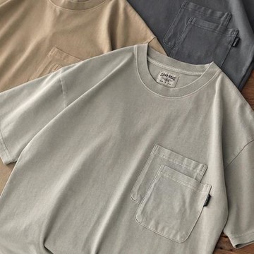 260g重磅水洗做舊有口袋落肩寬松日系復古半袖純棉體恤短袖T恤男