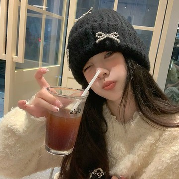 🎉桃園出貨🎉韓國網紅博主同款蝴蝶結毛線帽針織秋冬ins大頭保暖時尚護耳冷帽