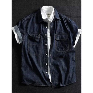 外貿歐貨專柜撤回高貨復古夏季短袖牛仔襯衫工裝潮流寬松半袖襯衣