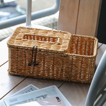 手工編織紙巾盒 餐廳紙巾套抽紙盒 仿藤編塑料多功能桌面分格收納