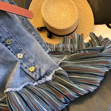 拼接不規則百褶~好看瘋了！藍色牛仔毛邊拼接高腰半身裙女夏