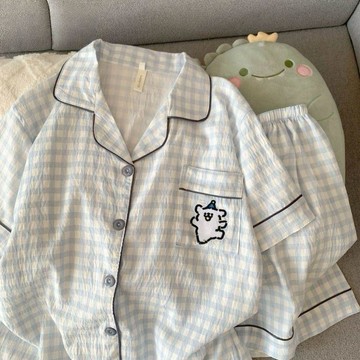 🍉台灣出貨 夏日雲朵棉睡衣女夏天甜美短袖短褲翻領可外穿少女印花家居服套裝