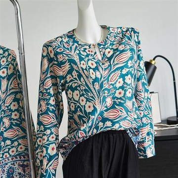 【米蘭精品】襯衫長袖上衣-花朵貴婦優雅透氣女裝墨綠色74is52