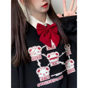 日系原創暗黑熊熊校園印花加絨加厚寬松衛衣女潮學生百搭秋冬上衣