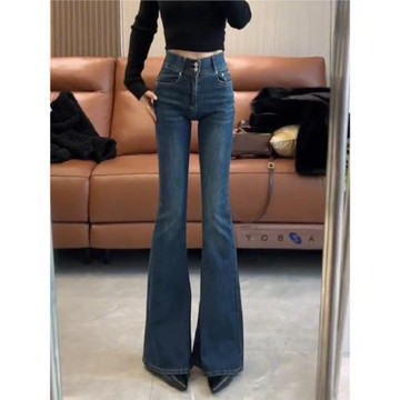 (免運)深藍色氣質高腰微喇牛仔褲女2025秋季新款彈力修身顯瘦馬蹄喇叭褲